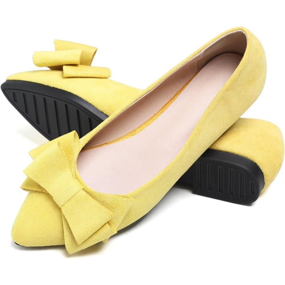 Women's Yellow Bowknot Ballet Flats Pointy Toe Casual Flat Shoes Suede - Picture 5 of 7